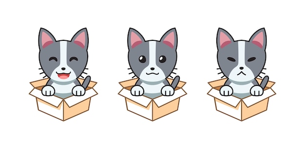 Vector cartoon illustratie set van kat met verschillende emoties in kartonnen dozen