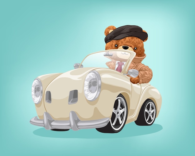 Vector cartoon illustratie teddybeer in pak klassieke auto rijden