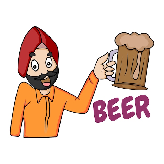 Vector cartoon illustratie van Punjabi man met bierglas in de hand?