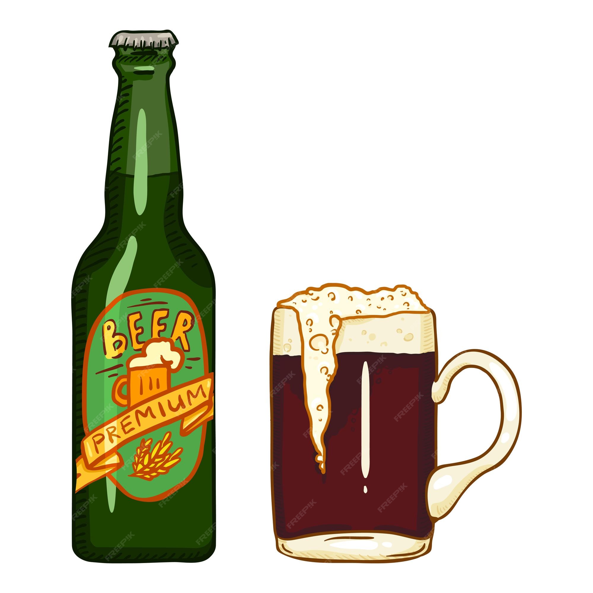 Premium Vector | Vector cartoon illustration beer bottle and tankard full of dark beer Premium Vector | Vector cartoon illustration beer bottle and tankard full of dark beer