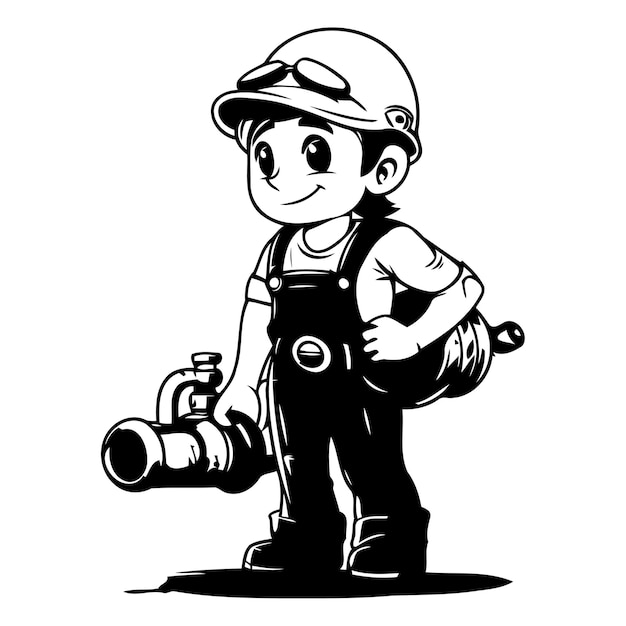 Vector cartoon illustration of a boy construction worker in helmet and overalls