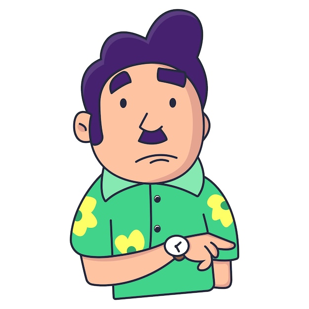 Vector cartoon illustration of boy is showing watch