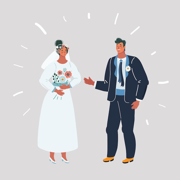 Vector cartoon illustration of bride and groom at wedding human character