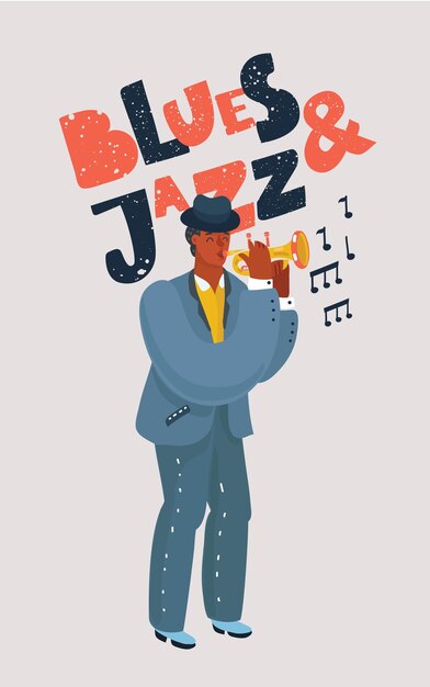 Vector cartoon illustration of colorful sax black player. blues and jazz hand drawn lettering on white background.+