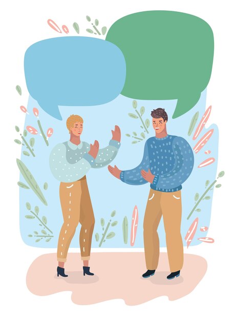 Vector vector cartoon illustration of couple having a conversation on empty speech bubble man and woman talking each other