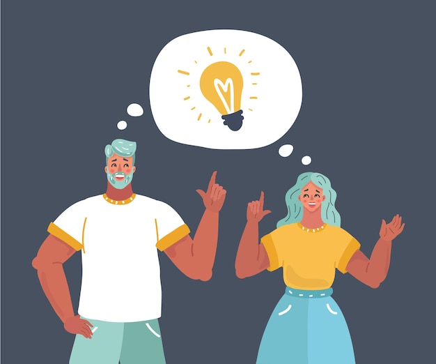 Vector cartoon illustration of couple with light bulb Man and woman thinking solution Speech bubble