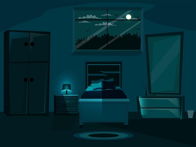 Vector vector cartoon illustration of a cozy bedroom cosy bedroom night scene illustration