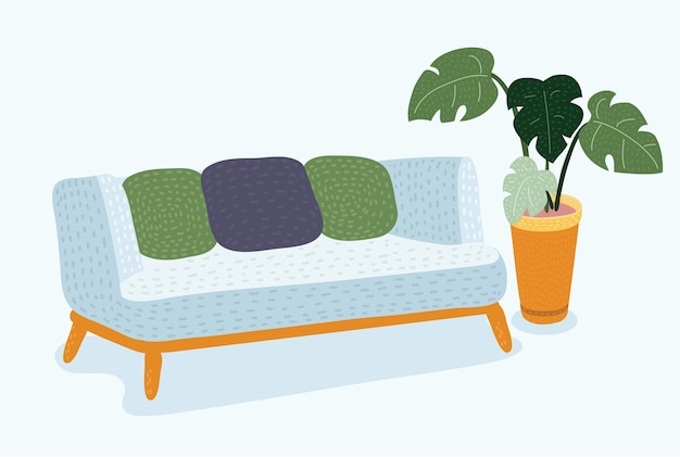 Vector cartoon illustration of cozy couch sofa on a wooden frame for modern living room. monstera plant in pot behind. isolated object on white background. isolated vector illustration.