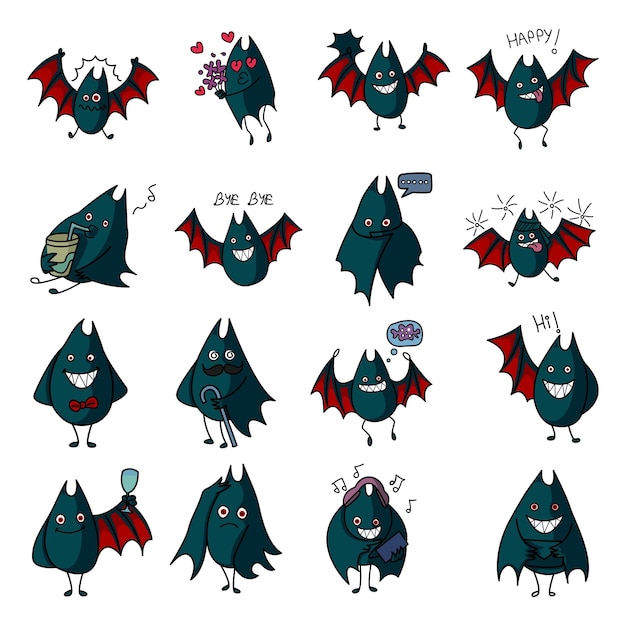 Vector vector cartoon illustration of cute bat sticker set