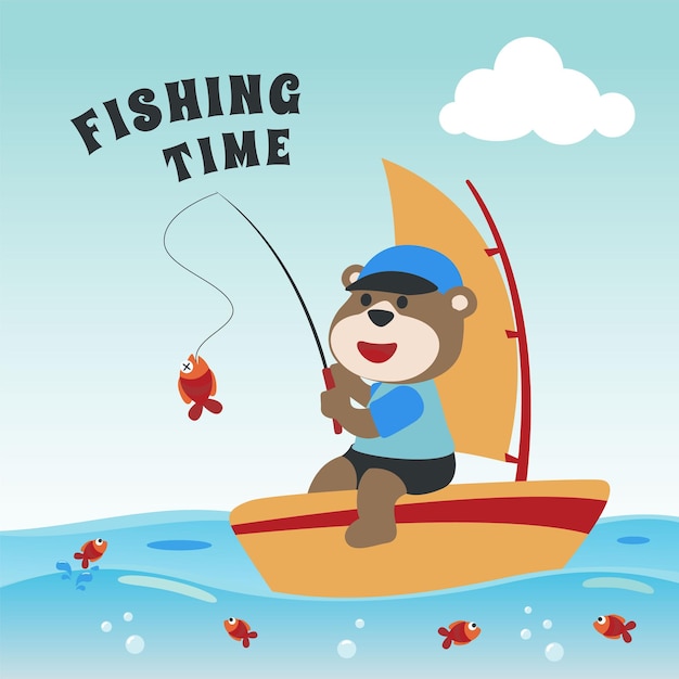 Векторная мультяшная иллюстрация милого медведя, ловящего рыбу на паруснике в мультяшном стиле. Может быть использована для печати на футболках, детская одежда, модный дизайн, тканевые текстильные детские обои и плакаты