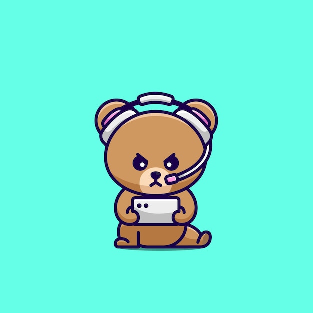 vector cartoon illustration cute bear playing mobile gaming use headphones icon animal nature