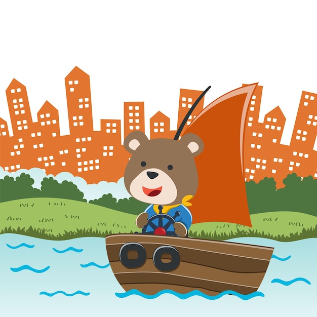 Vector cartoon illustration of cute bear sailing on sailboat with cartoon style Can be used for tshirt print kids wear fashion design fabric textile nursery wallpaper and poster