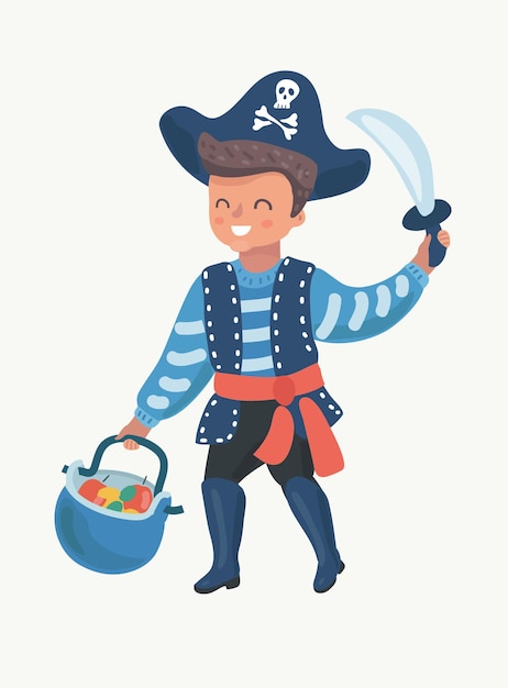 Vector cartoon illustration of cute boy children pirate costume Kid character on white background