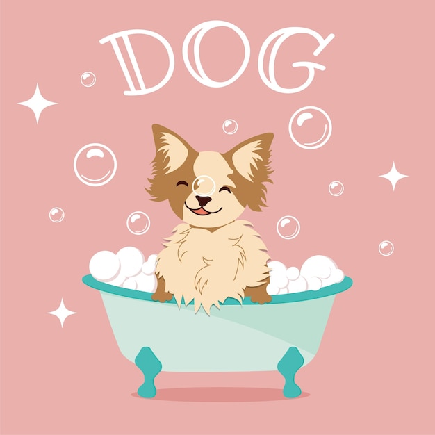 Vector cartoon illustration of a cute dog taking a bath full of soap suds the concept of care pet care