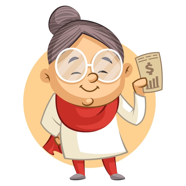 Vector cartoon illustration of cute grandmother showing dollar sign in phone