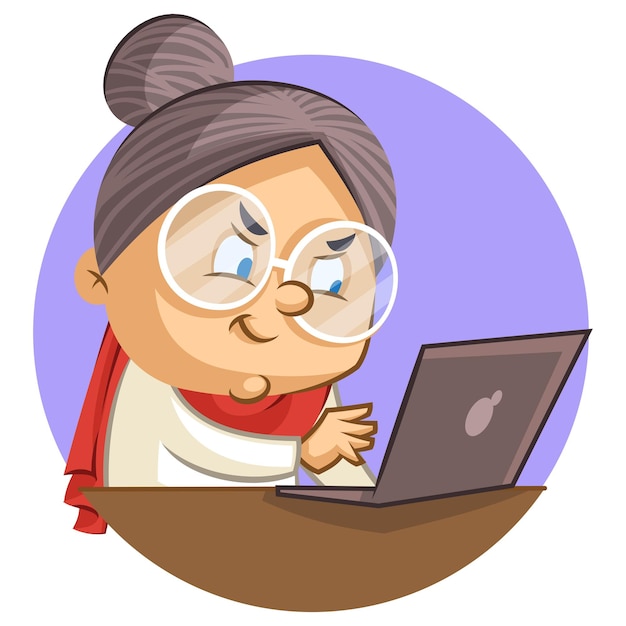 Vector cartoon illustration of cute grandmother working on laptop