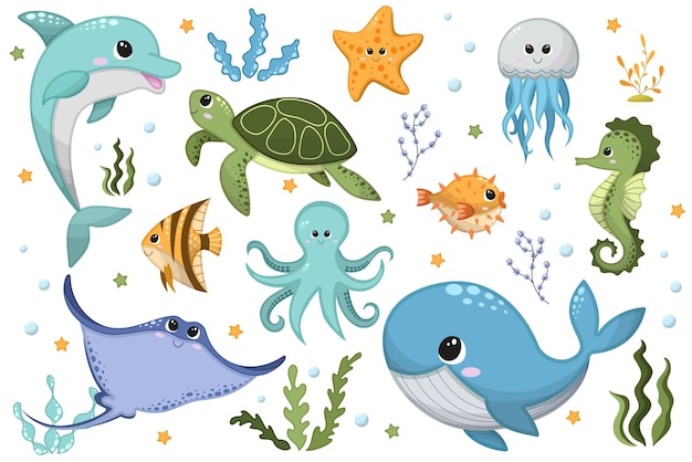 Vector cartoon illustration of cute happy sea animals for design element on white background