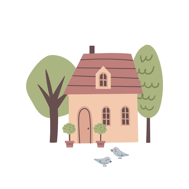 Vector cartoon illustration of cute house in nature. cozy home in forest, scandinavian style.