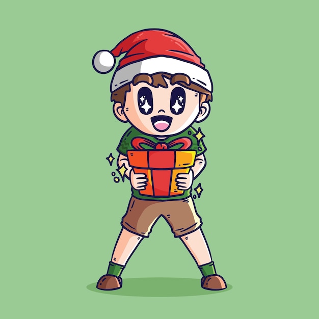 Векторная мультфильмная иллюстрация милого мальчика, держащего рождественскую коробку с подарками