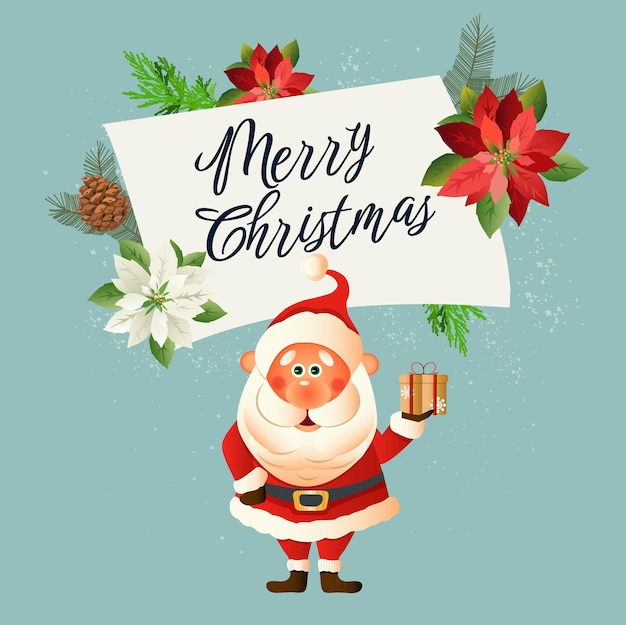 Vector cartoon illustration of a cute Santa Claus holding a gift.Banner with the text Merry Christm