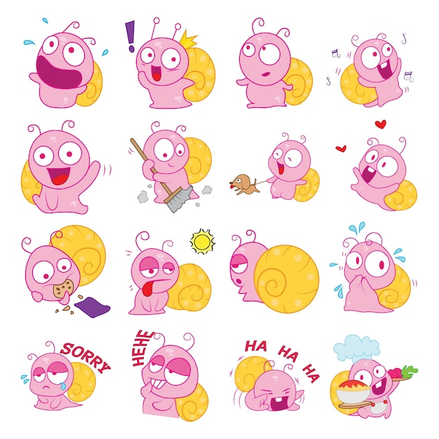 Vector vector cartoon illustration of cute snail set