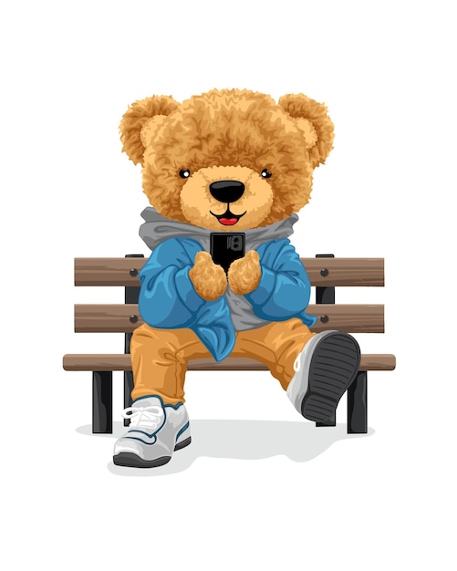 스마트폰을 들고 있는 동안 벤치에 앉아 있는 벡터 만화 삽화 귀여운 테디 베어