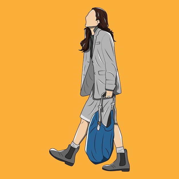 バッグを運ぶセミフォーマルスタイルの可愛い女性のベクトル漫画イラスト
