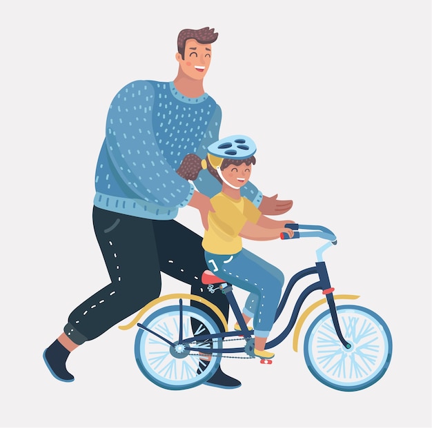 Vector cartoon illustration of dad teaching daughter to ride bike for the first time. Man helping girl kid riding bicycle. Parenting, fatherhood+