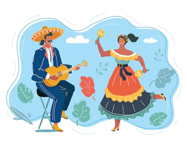 Vettore illustrazione vettoriale cartoon di ballerino e chitarrista l'uomo e la donna in abbigliamento messicano ballano insieme