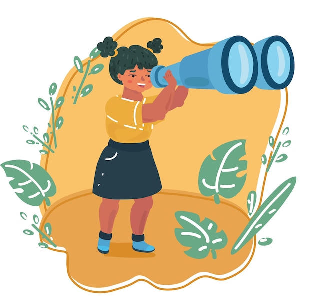 Vector cartoon illustration of girl search nature by big binocular