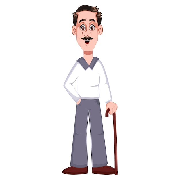 Vector cartoon illustration of grandfather holding a walking stick