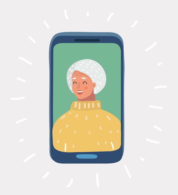 Vector vector cartoon illustration of grandma on the phone elderly woman face smartphone