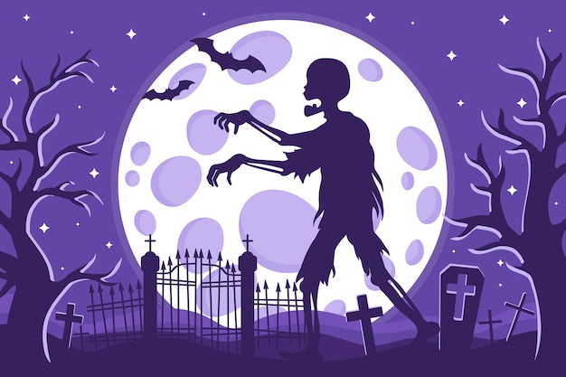 Illustrazione del fumetto di vettore della silhouette di zombie di halloween in un cimitero su uno sfondo di stelle e pipistrelli della luna piena