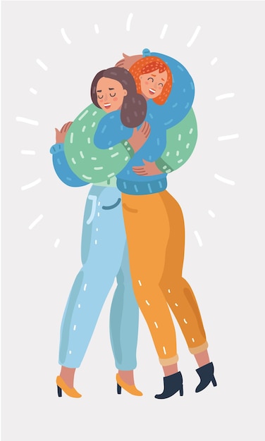 Vector cartoon illustration of Happy friendship day card with two diverse girl friends hugging