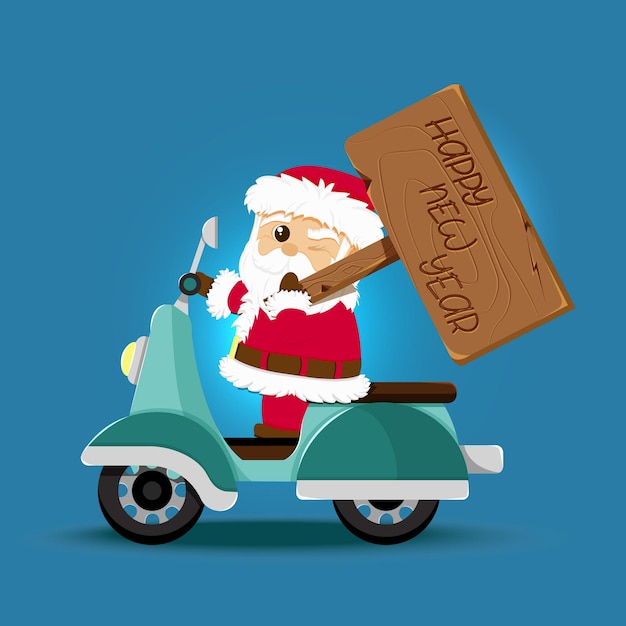 Illustrazione vettoriale di un felice babbo natale con un sacco regalo in sella a uno scooter per le vacanze di natale