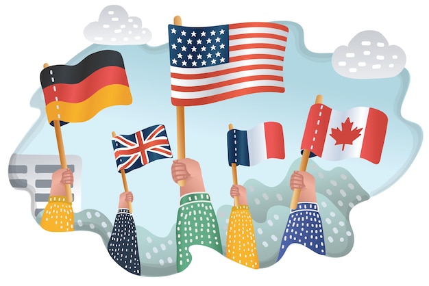 Vector vector cartoon illustration of human hands holds flag of different countries crowd in solidarity canada usa france germany great britan on urban landscape background