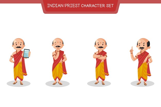 Vector vector cartoon illustration of indian priest character set