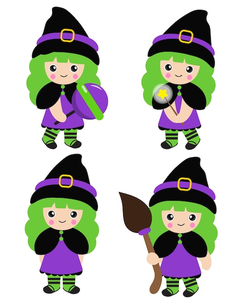 Vector cartoon illustration of little witch girl in Halloween