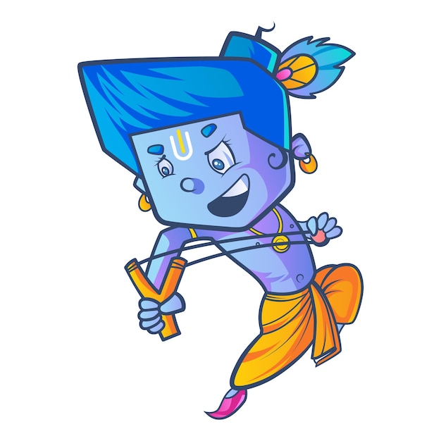 Vector cartoon illustration of lord Krishna play with slingshot