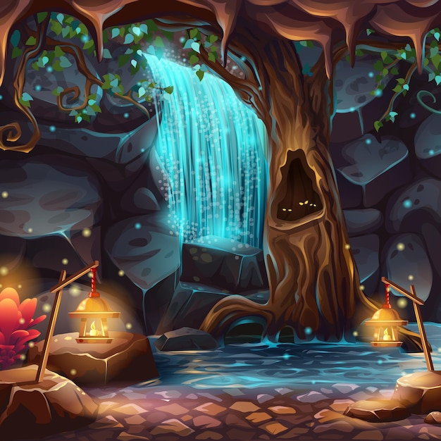 Vector cartoon illustration of a magical waterfall in a grotto under the crown of a spreading tree