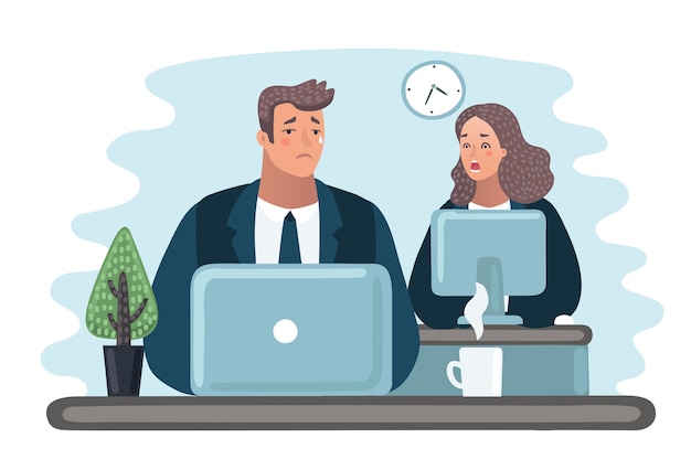 Vector cartoon illustration of man cries, coworker is empatic