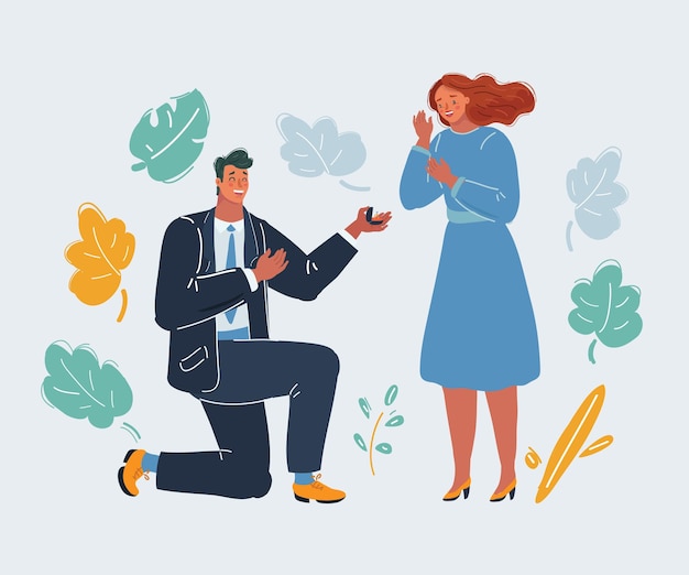 Vector cartoon illustration of man on his knee makes a proposal to marry the woman
