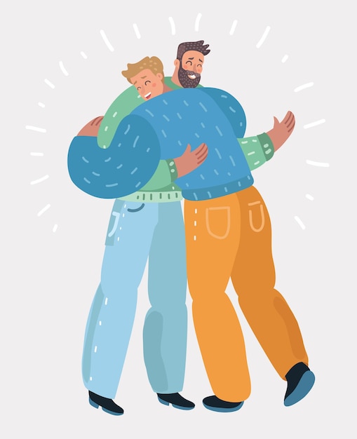 Vector cartoon illustration of man and teen boy standing hugging people father and son
