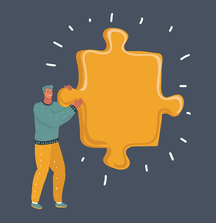 Vector vector cartoon illustration of men holding giant big puzzle part human character on dark bakcground