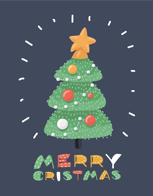 Vector cartoon illustration of Merry christmas and happy new year xmas tree Greeting card holiday party invitation