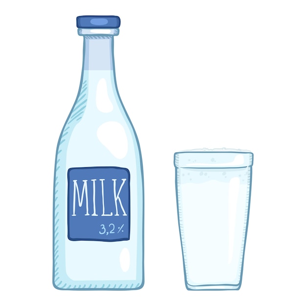 Vector Cartoon Illustration Milk Bottle and Glass