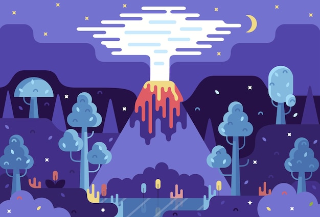 Vector cartoon illustrazione paesaggio notturno con vulcano fumoso