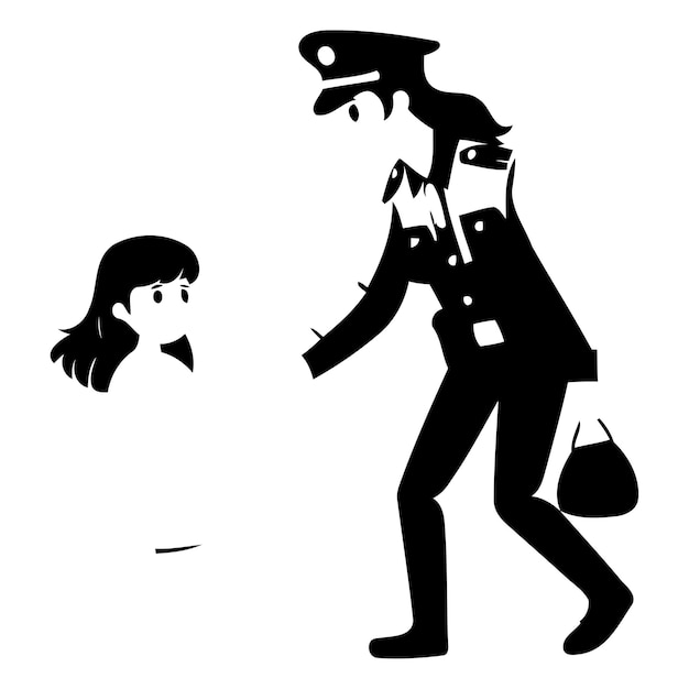Векторная мультфильмная иллюстрация полицейского, идущего с маленькой девочкой по улице