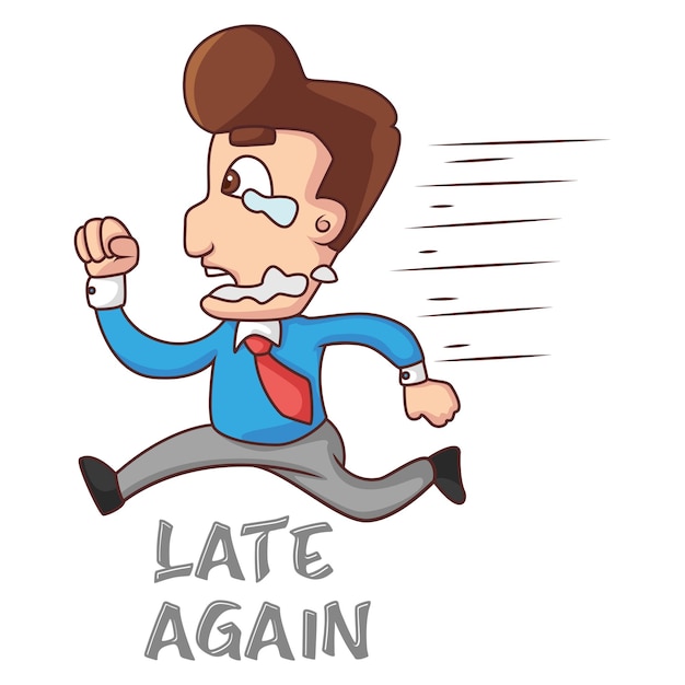 Vector cartoon illustration of office employee is running Lettering text late again