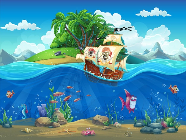 Vector cartoon illustration of a pirate ship on a tropical island in the ocean among fish, molluscs, corral, crabs on the sandy bottom.